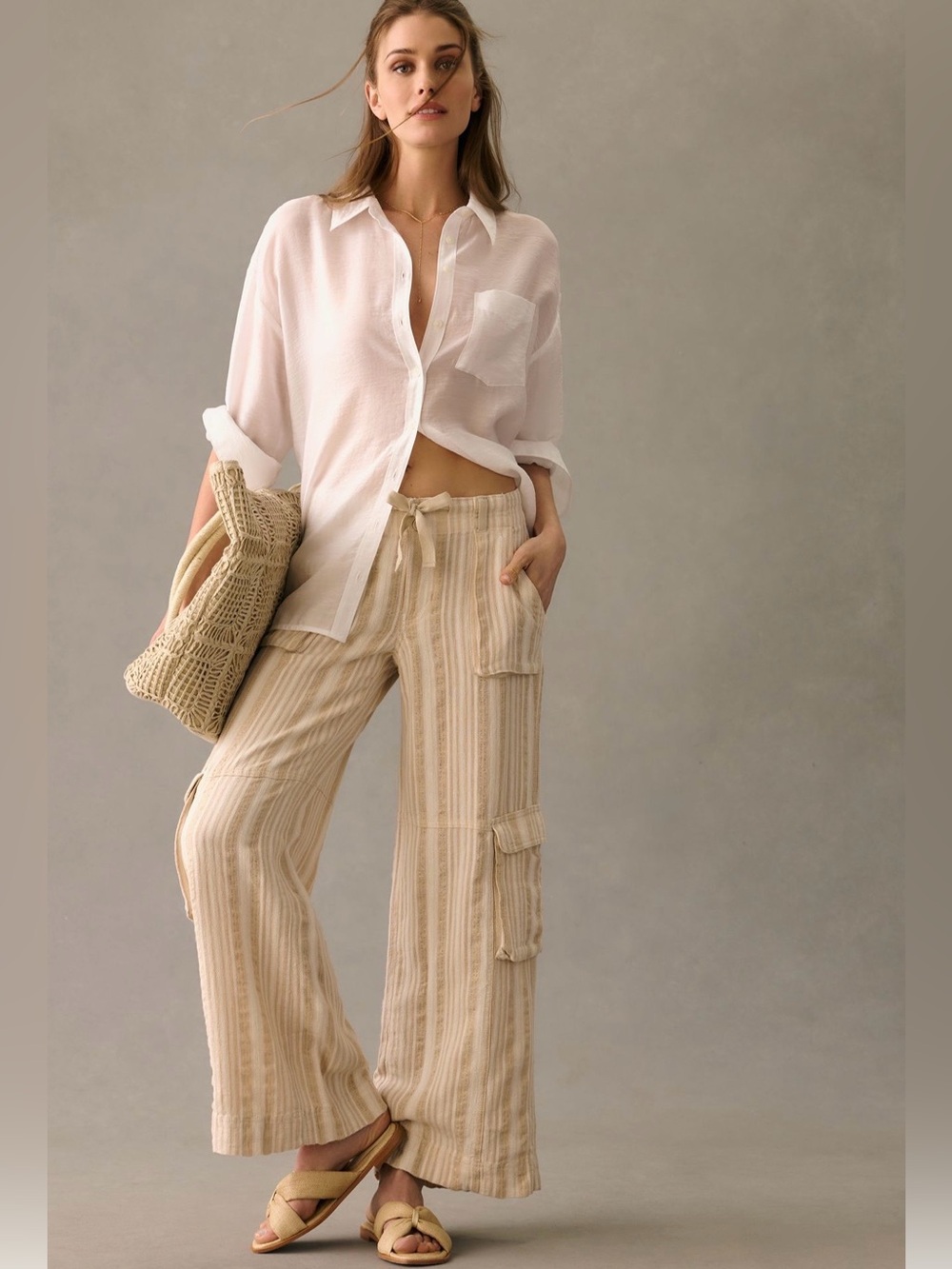 Anthropologie Pilcro Wide Leg Striped Linen Cargo Cream Tan Adjustable Waist 30